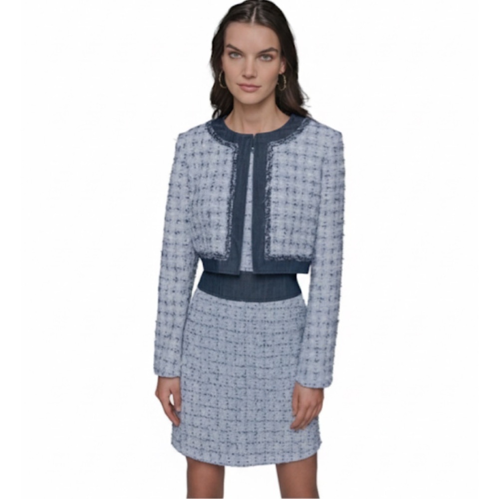 NWT Karl Lagerfeld Cropped Tweed Boucle Jacket Blue/White Metallic Trim Size 12